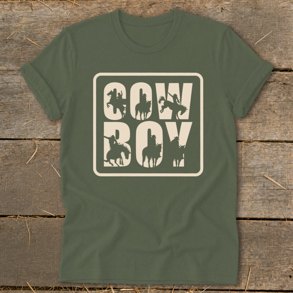 Green t-shirt with "Cow Boy" text and six cowboy silhouette designs.