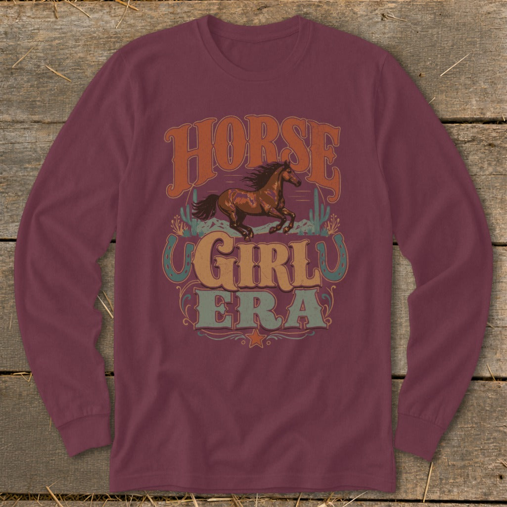 Maroon long-sleeve shirt with "Horse Girl Era" graphic and a running horse.