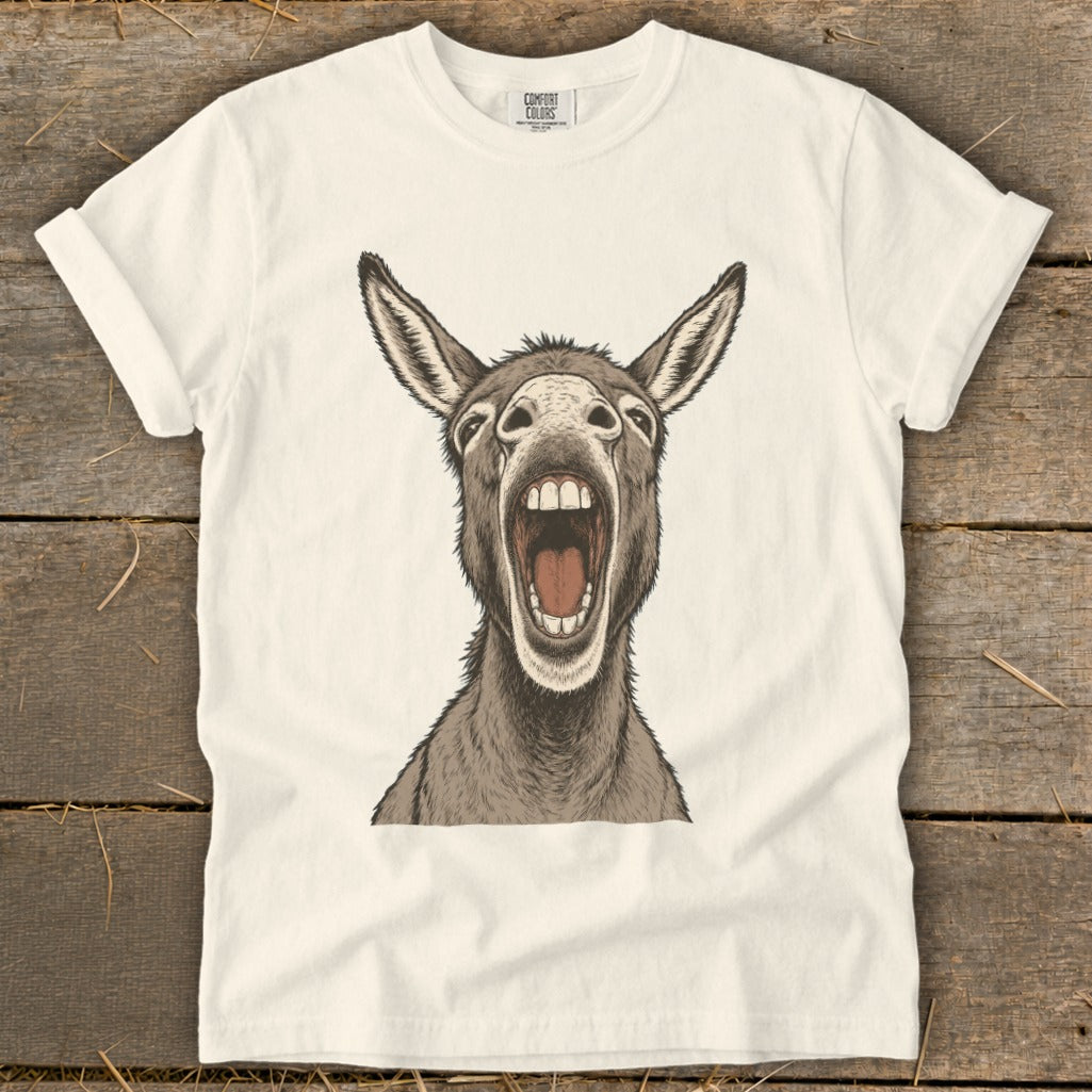 Cream t-shirt with a graphic of a donkey's head with mouth wide open.