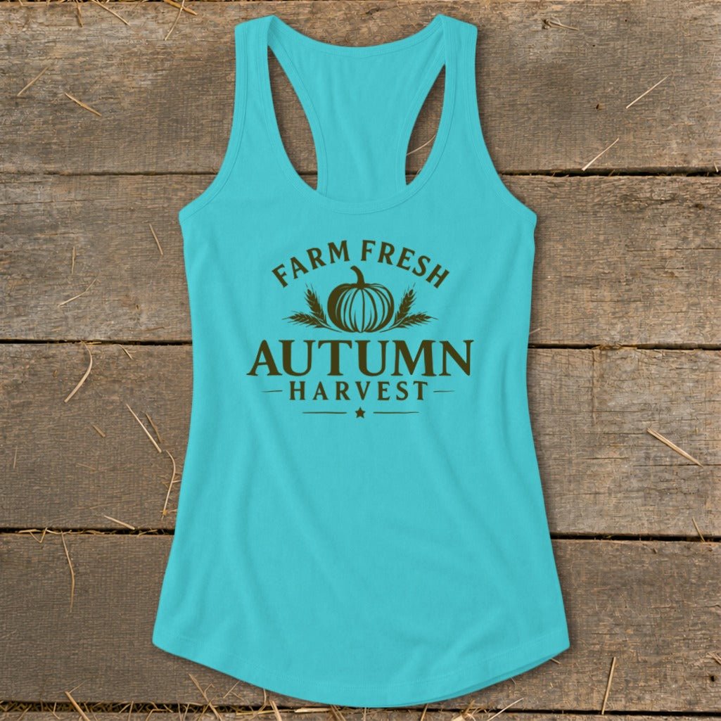Turquoise tank top with "Farm Fresh Autumn Harvest" and pumpkin graphic.