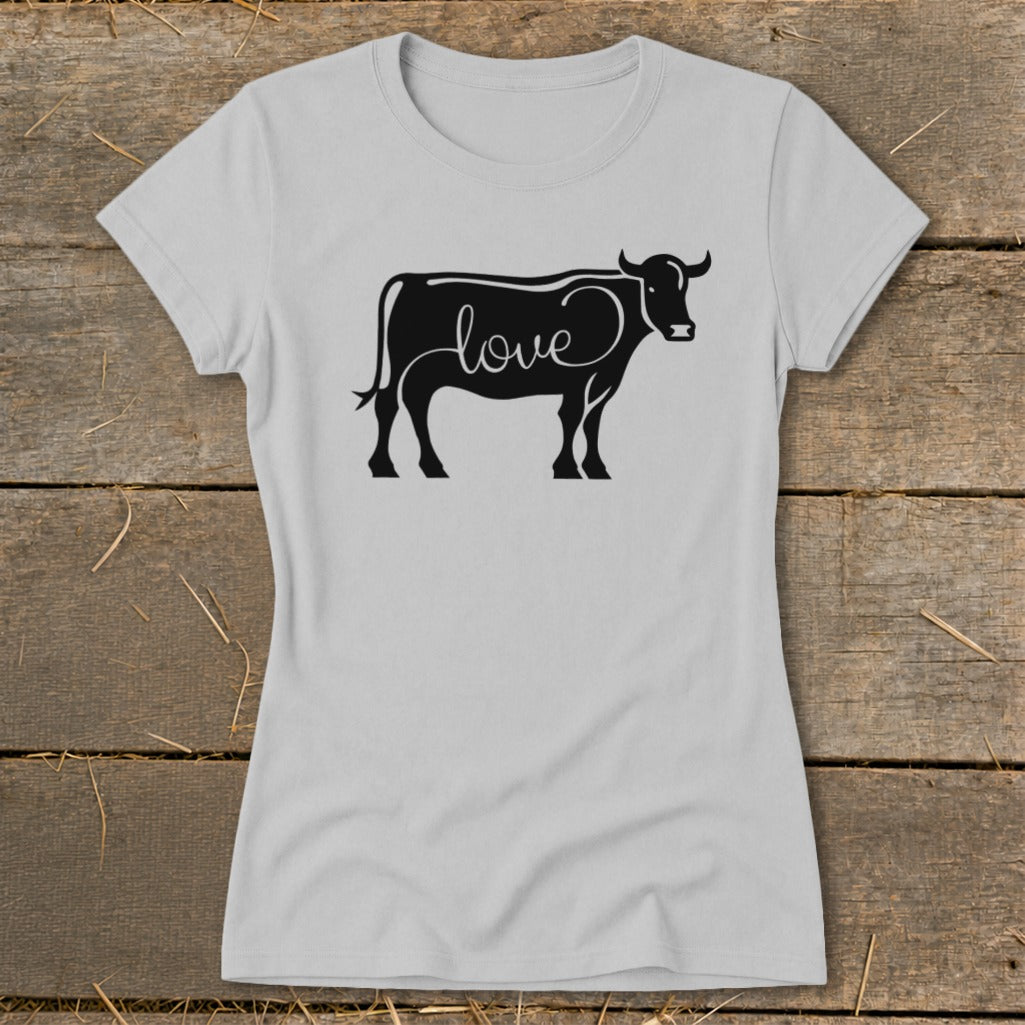 Light grey t-shirt with black silhouette of cow and the word "love" on it.