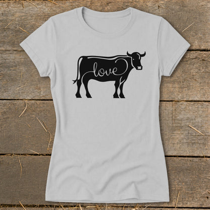 Light grey t-shirt with black silhouette of cow and the word "love" on it.