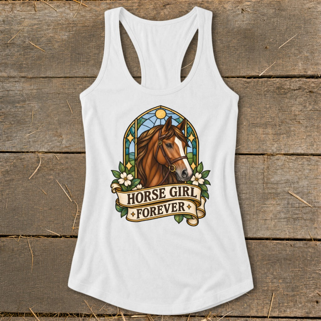 White tank top with horse head graphic and text "HORSE GIRL FOREVER".