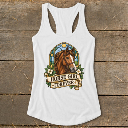 White tank top with horse head graphic and text "HORSE GIRL FOREVER".