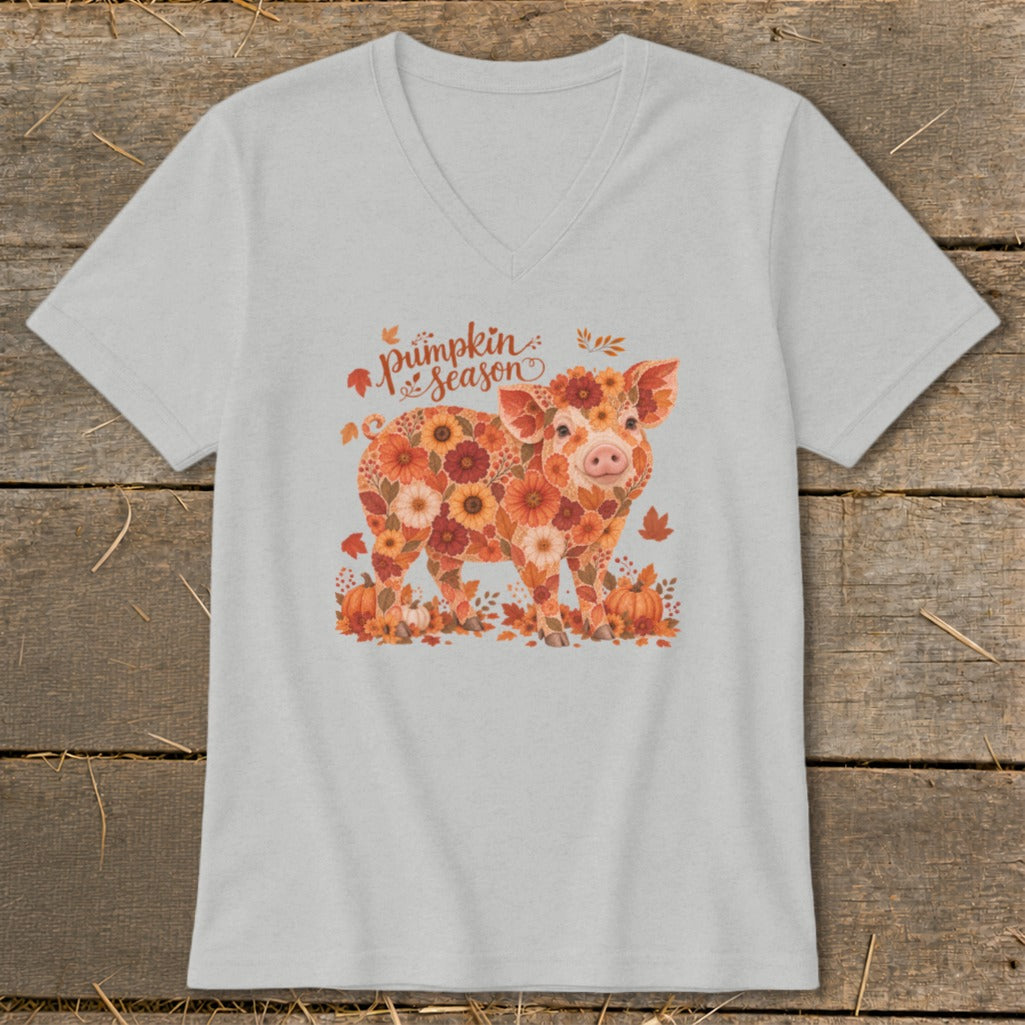 Light grey v-neck t-shirt with a floral pig and "Pumpkin Season" text.