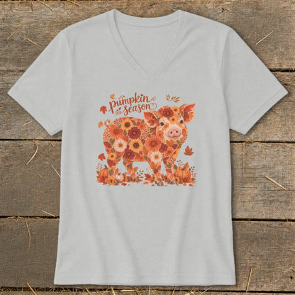 Light grey v-neck t-shirt with a floral pig and "Pumpkin Season" text.