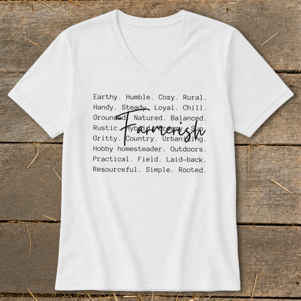 White v-neck t-shirt with "Farmerish" and descriptive words like "Earthy" and "Rustic."