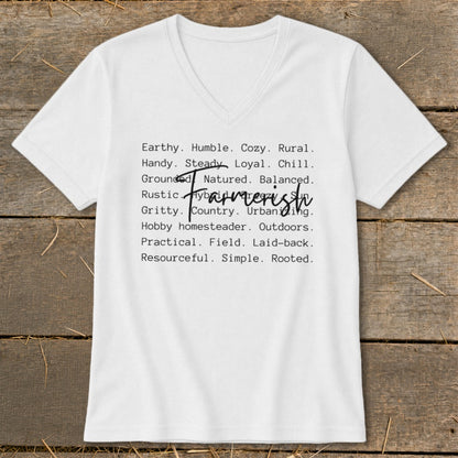 White v-neck t-shirt with "Farmerish" and descriptive words like "Earthy" and "Rustic."