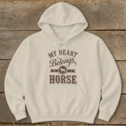 Beige hoodie with "My Heart Belongs to a Horse" graphic and horse silhouette.