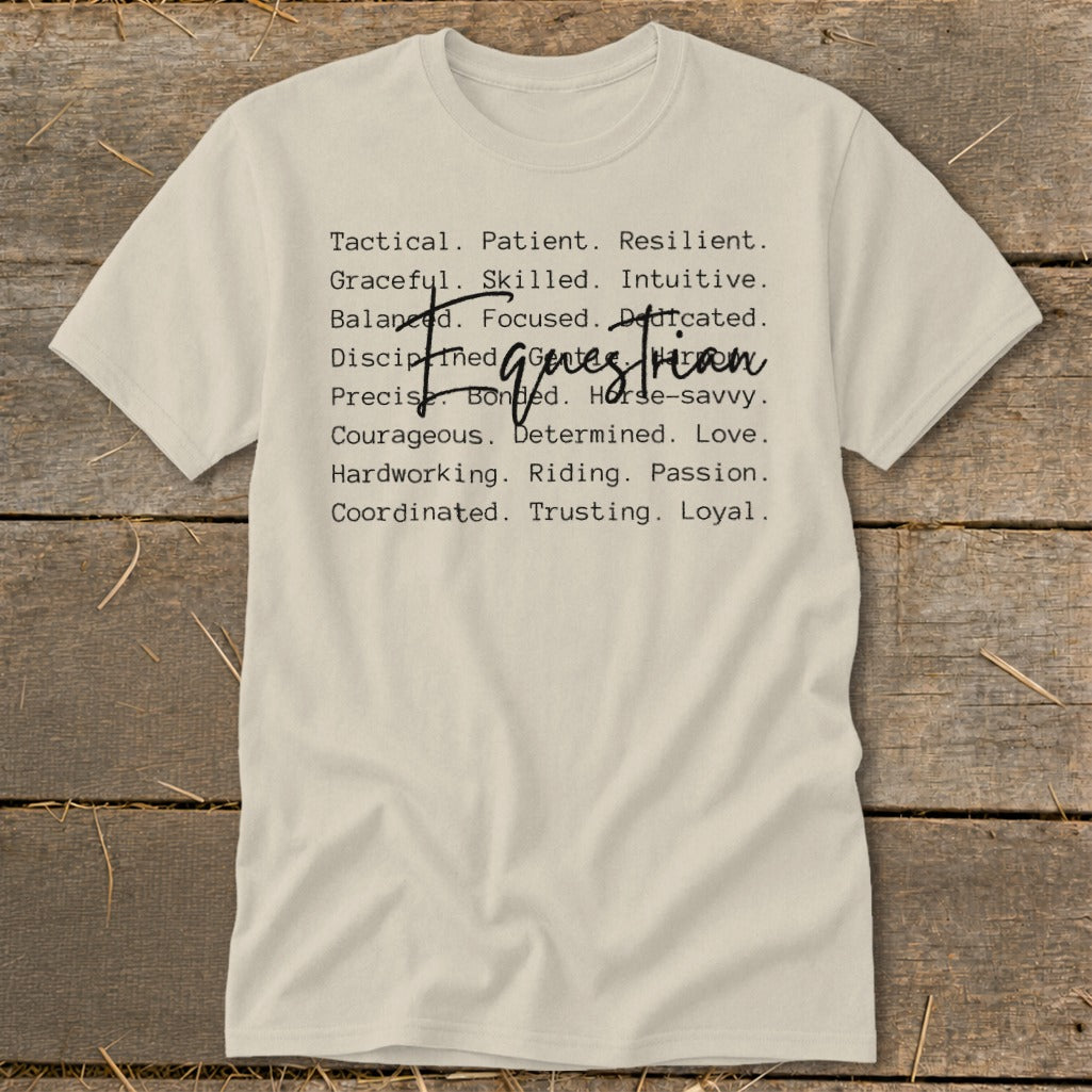 Cream t-shirt with "Tactical. Patient. Resilient." list and "genes rian" text.