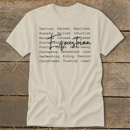Cream t-shirt with "Tactical. Patient. Resilient." list and "genes rian" text.