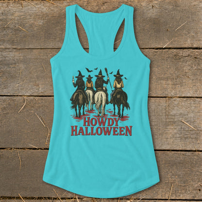 Turquoise tank top with four witches on horseback and "Howdy Halloween" text.
