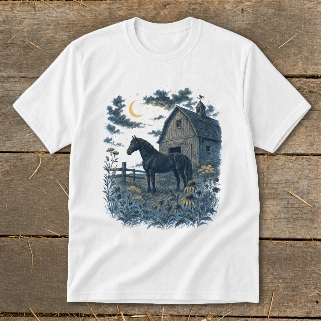 Black horse stands in field by barn under crescent moon and stars.