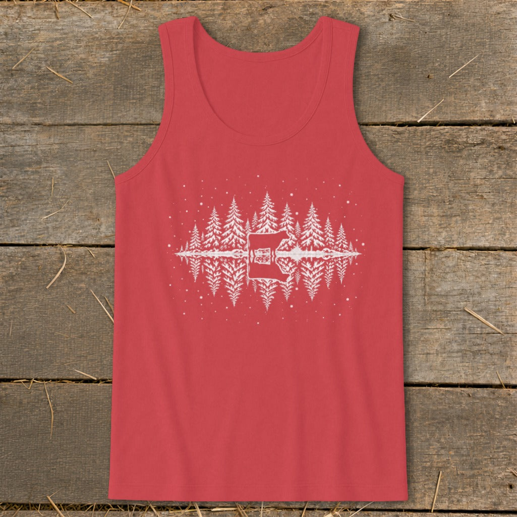 Red tank top with white pine trees, a deer, and reflection graphic.