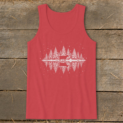 Red tank top with white pine trees, a deer, and reflection graphic.