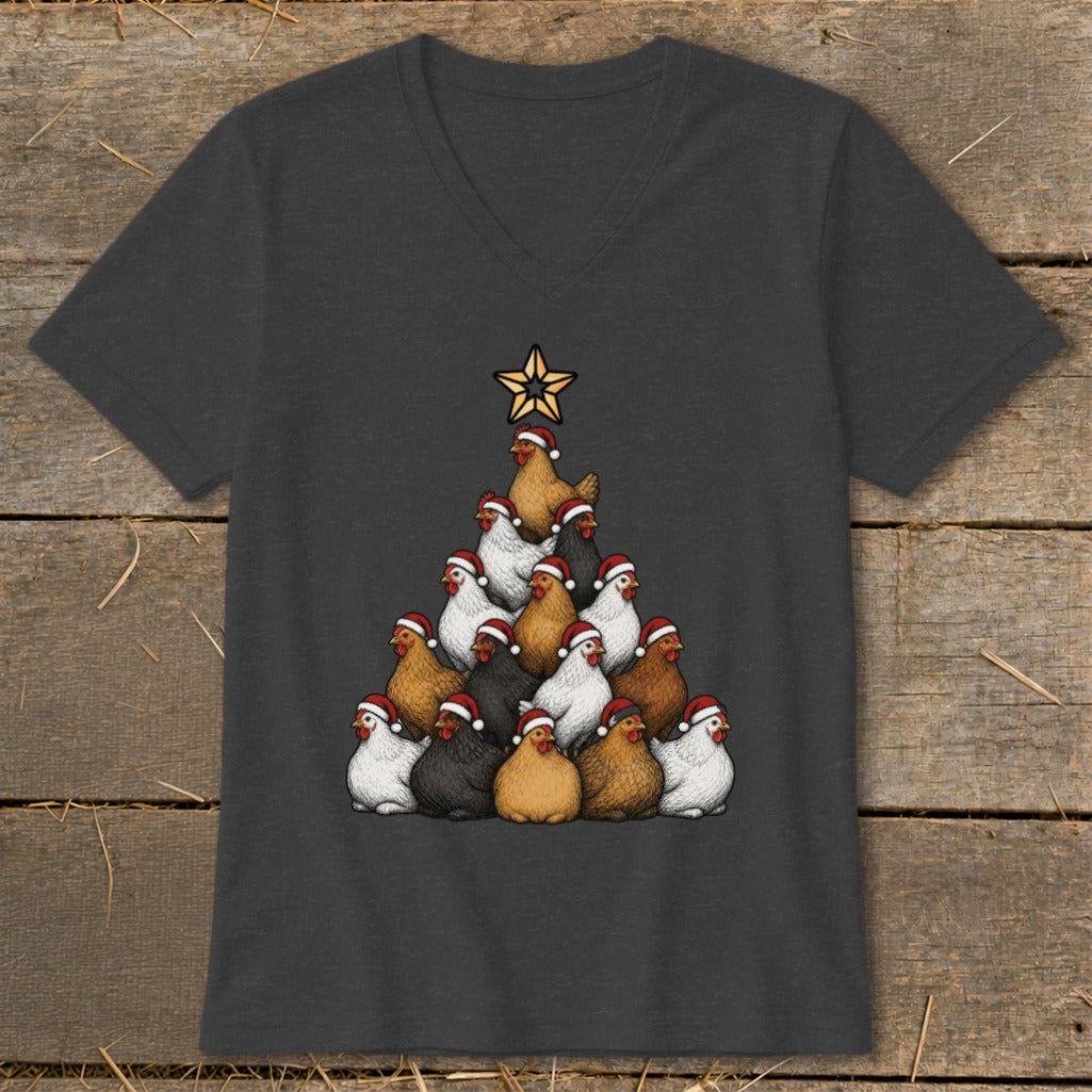 A Christmas tree made of chickens wearing Santa hats, topped with a star.
