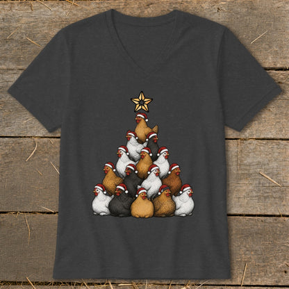 A Christmas tree made of chickens wearing Santa hats, topped with a star.