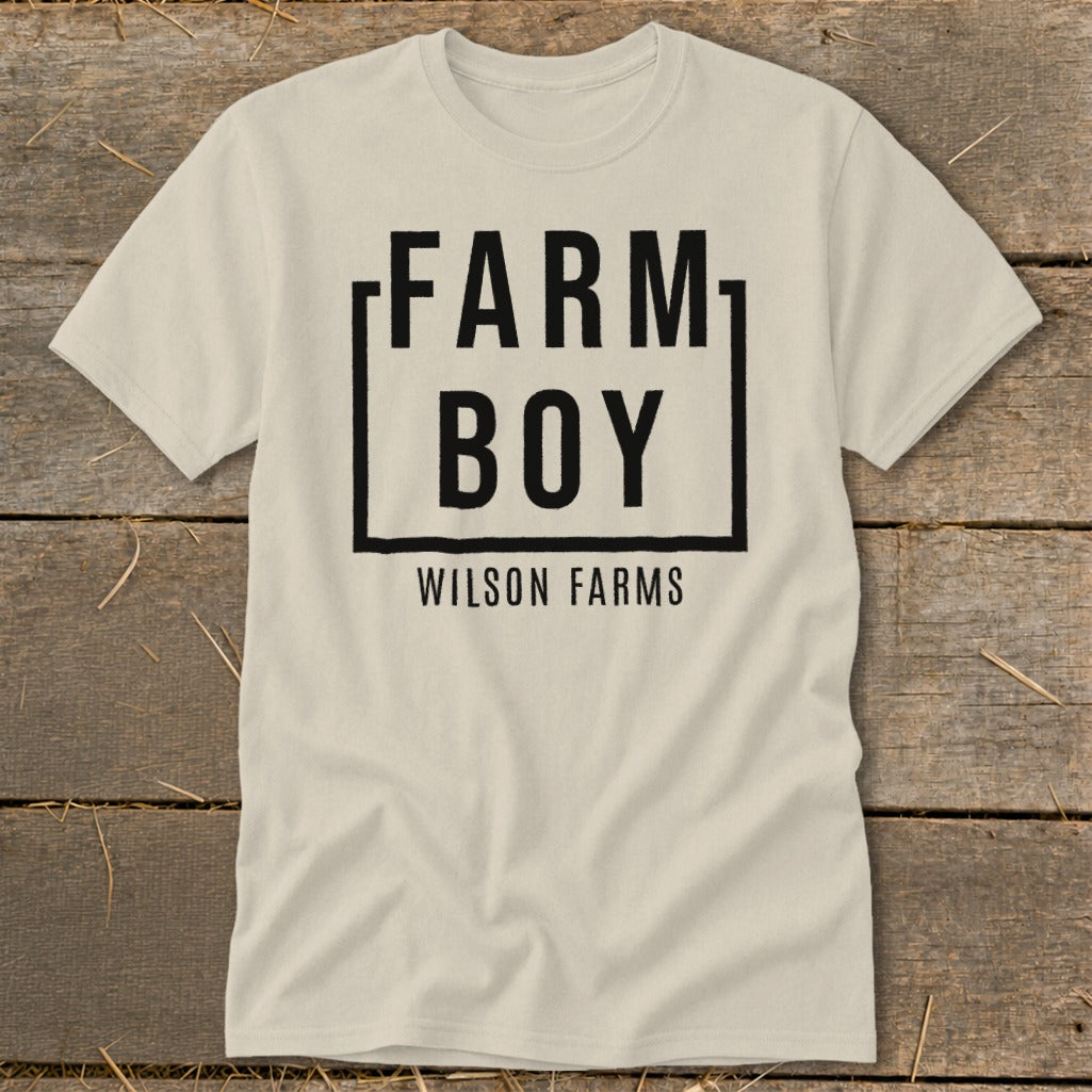 T-shirt with "FARM BOY WILSON FARMS" text in a black box.