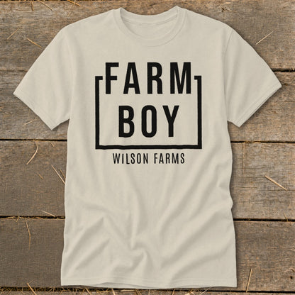 T-shirt with "FARM BOY WILSON FARMS" text in a black box.