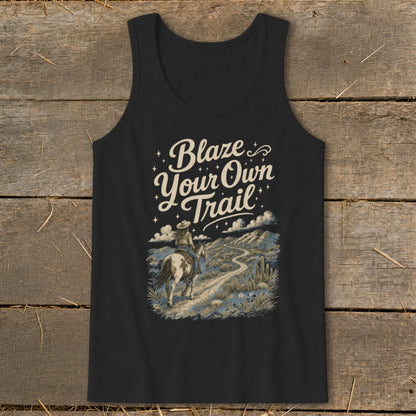 Tank top with "Blaze Your Own Trail" text and a person riding a horse on a desert trail.