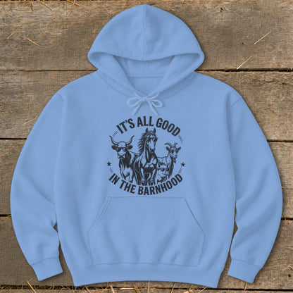 Light blue hoodie with "It's all good in the barnhood" text and farm animals graphic.