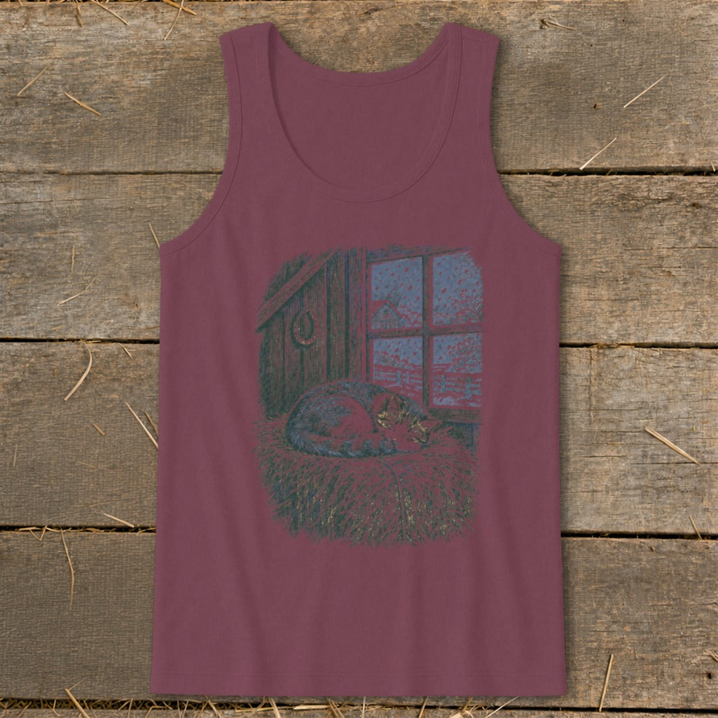 Maroon tank top with a print of a cat sleeping in hay by a window.