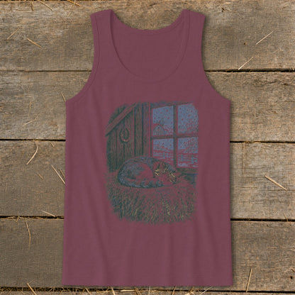 Maroon tank top with a print of a cat sleeping in hay by a window.