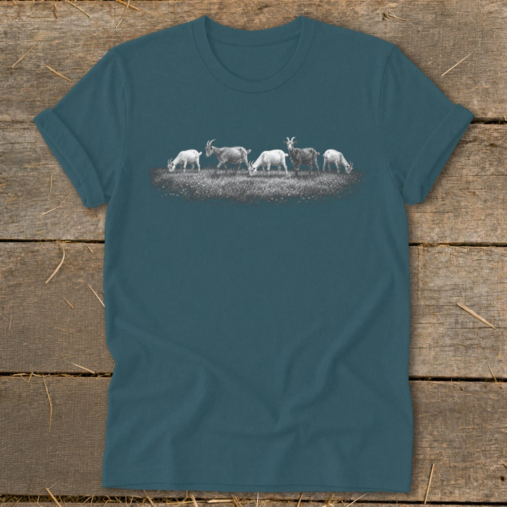 T-shirt with a detailed grayscale illustration of five goats grazing in a field.