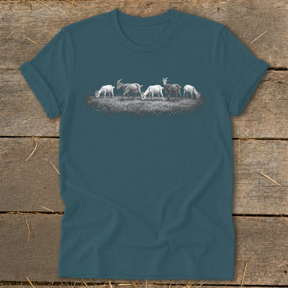 T-shirt with a detailed grayscale illustration of five goats grazing in a field.