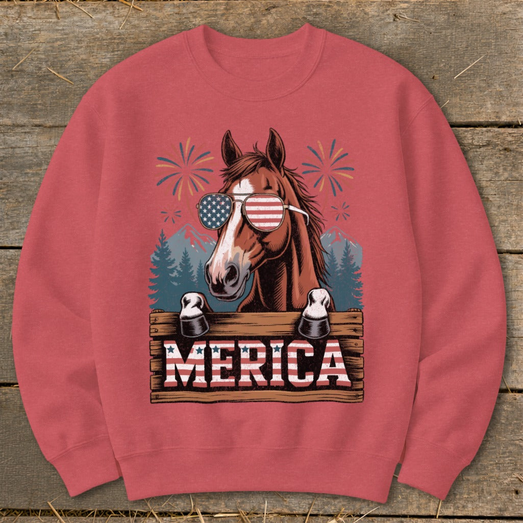 Horse wearing American flag sunglasses with "MERICA" text and fireworks.