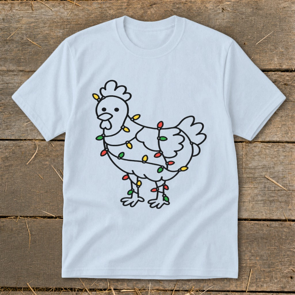 Light blue t-shirt with a line drawing of a chicken wrapped in colorful Christmas lights.