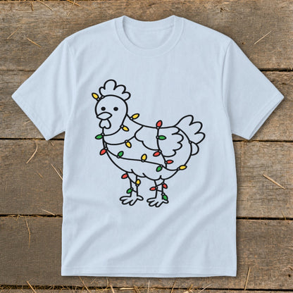 Light blue t-shirt with a line drawing of a chicken wrapped in colorful Christmas lights.