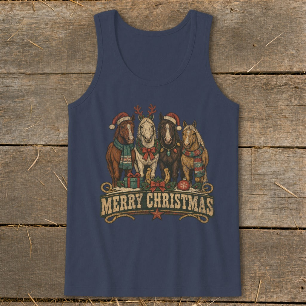 Four horses wearing Santa hats and scarves on a navy blue tank top with "Merry Christmas" text.