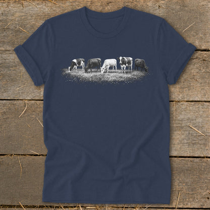 Navy t-shirt with a graphic of five cows grazing in a field.