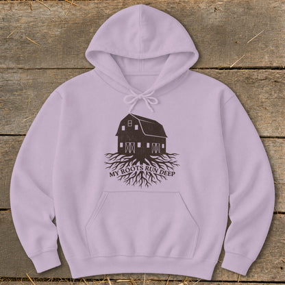 Light purple hoodie with a dark barn graphic and roots, text "MY ROOTS RUN DEEP".