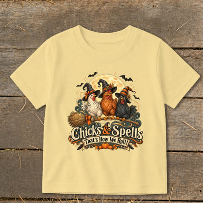 Three chickens in witch hats ride a broomstick with text "Chicks & Spells".