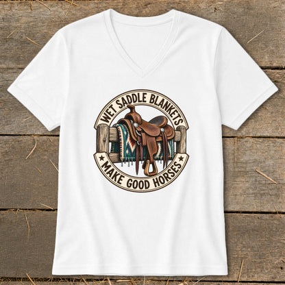 White t-shirt with a circular graphic of a saddle and blanket on a fence.