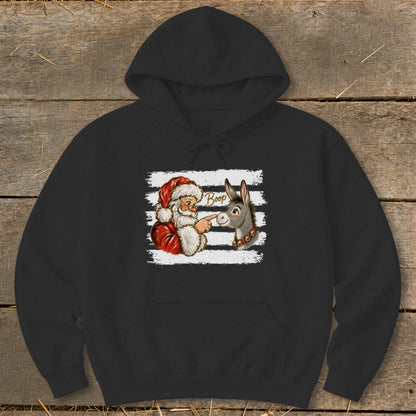 Santa pointing at a donkey's nose with the word "Boop" above.