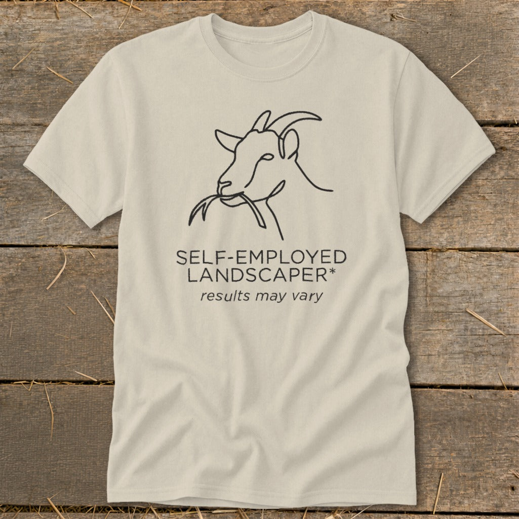 Cream t-shirt with line drawing of a goat eating grass and text.