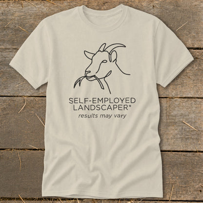 Cream t-shirt with line drawing of a goat eating grass and text.