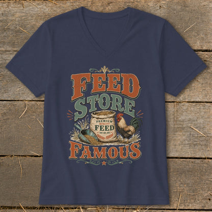 Navy t-shirt with vintage "Feed Store Famous" graphic featuring a sack of feed, rooster, and scoop.