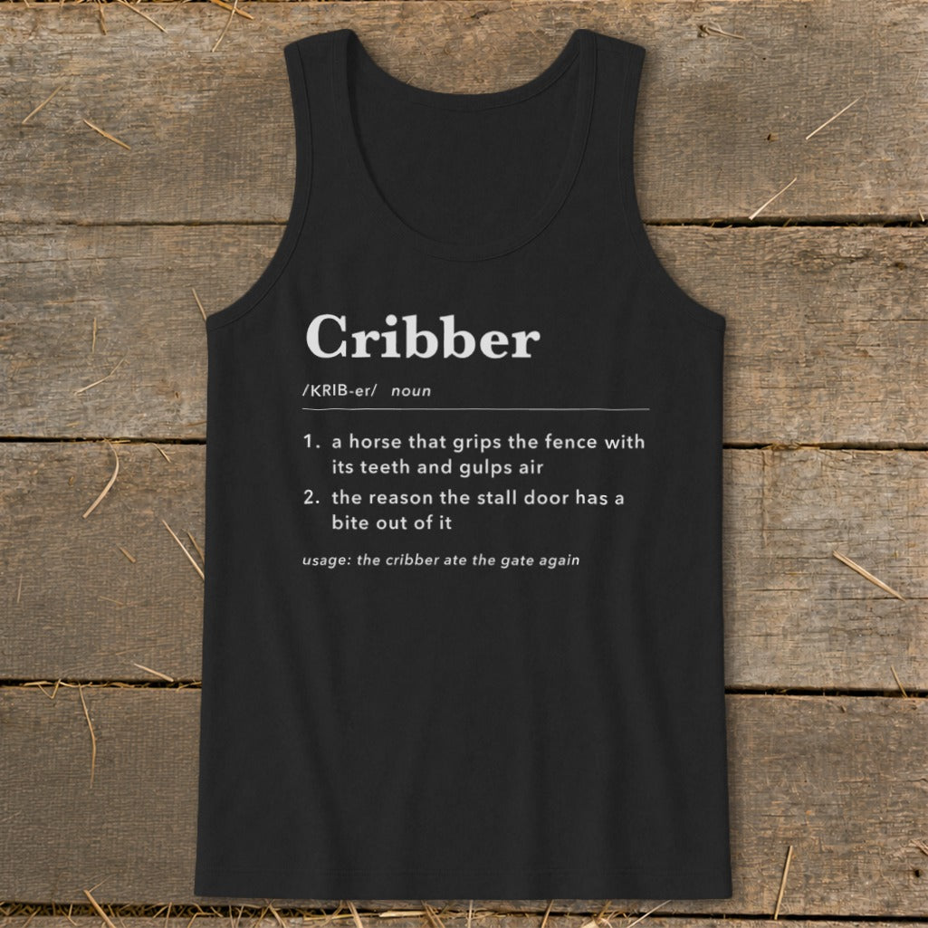 Black tank top featuring a dictionary definition graphic for the word Cribber printed in white.