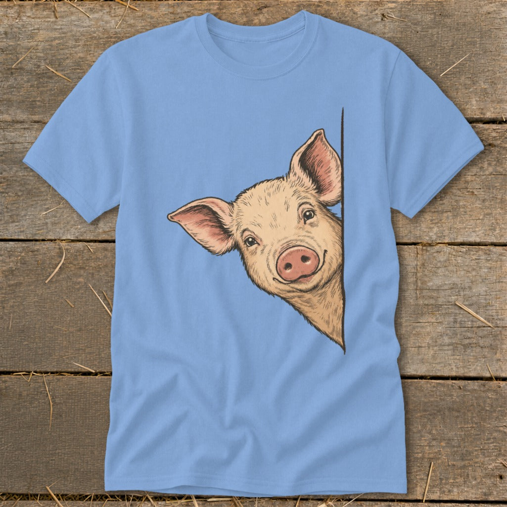 Light blue t-shirt with a drawing of a pig peeking around a corner.