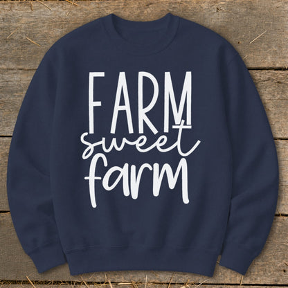 Navy sweatshirt with "FARM sweet farm" text in white.