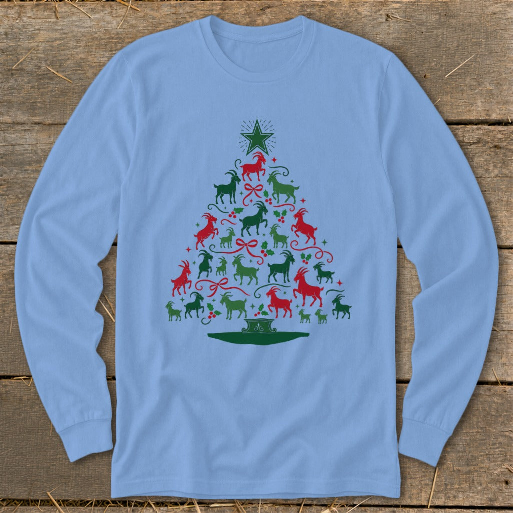 Light blue long-sleeve shirt with a Christmas tree made of red and green goats.