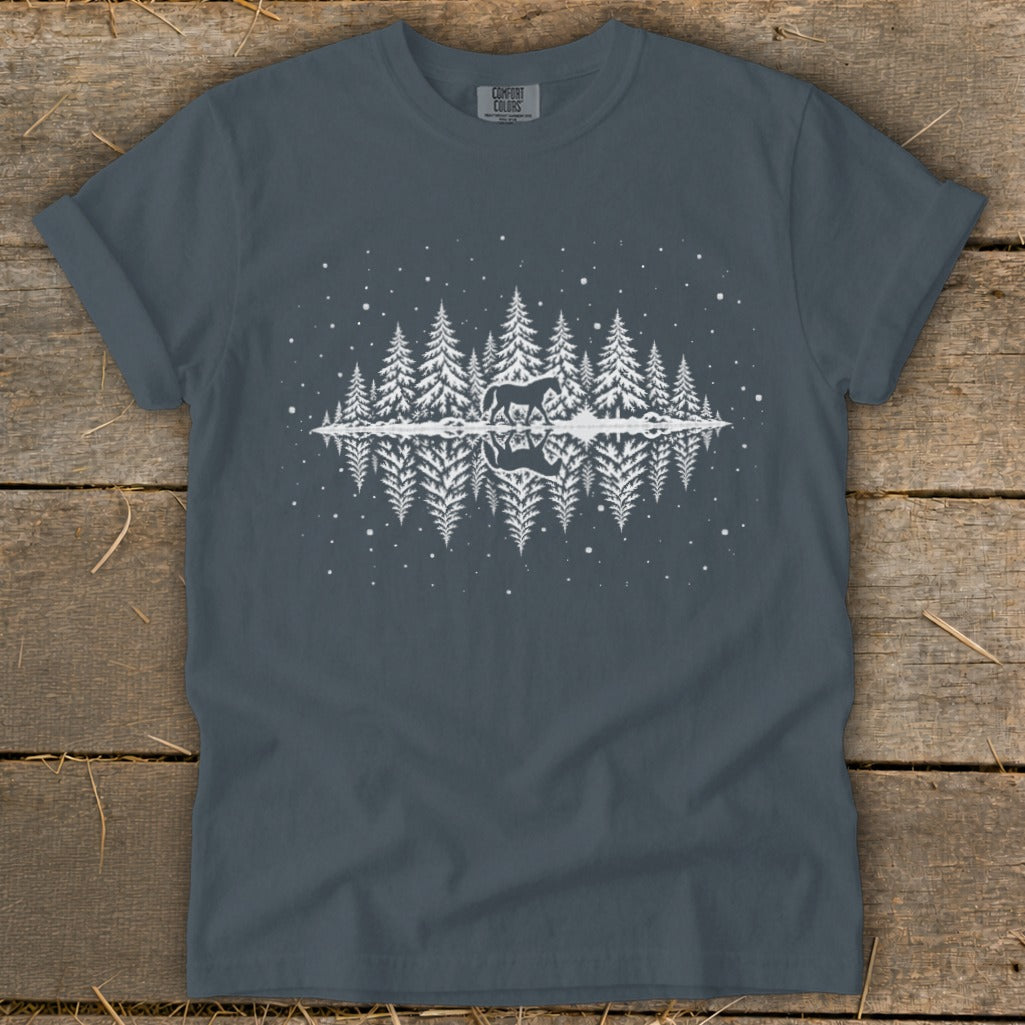 Dark grey t-shirt with white forest and horse reflection graphic.
