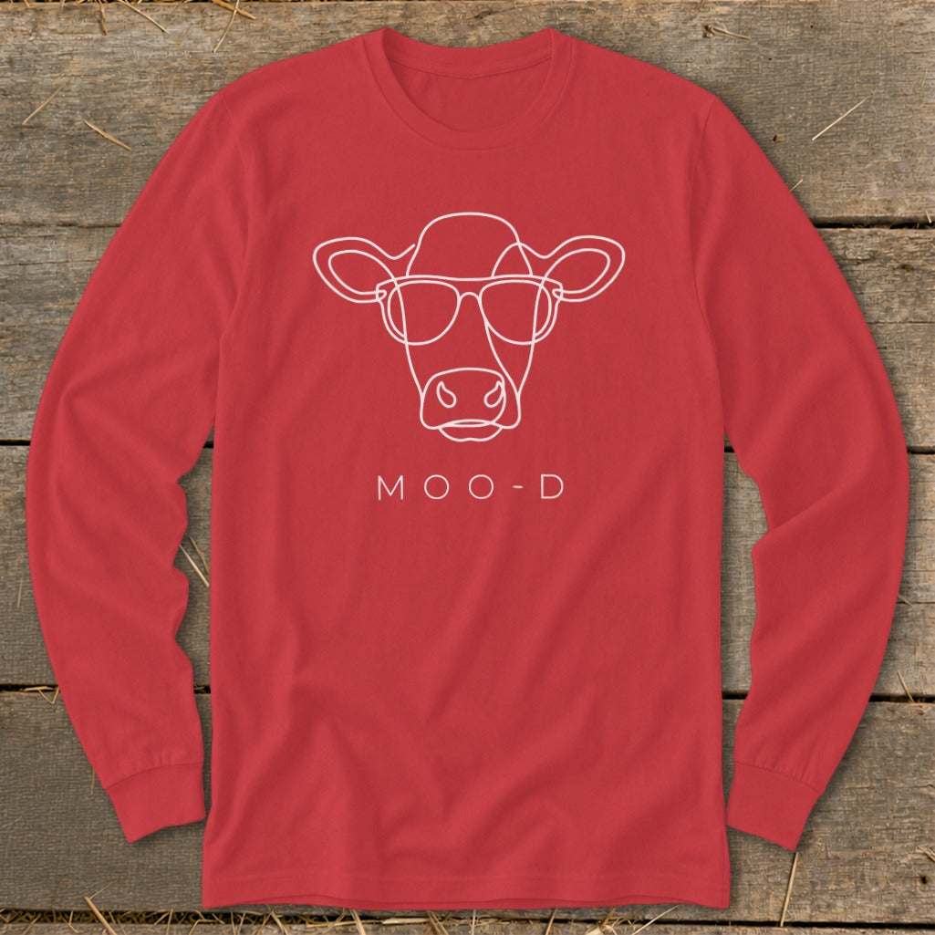 Red long-sleeved shirt with a white line drawing of a cow wearing glasses and "MOO-D" text.