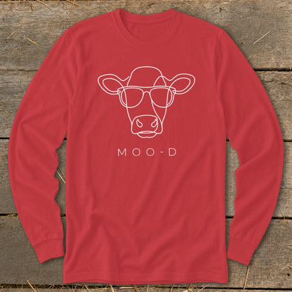 Red long-sleeved shirt with a white line drawing of a cow wearing glasses and "MOO-D" text.