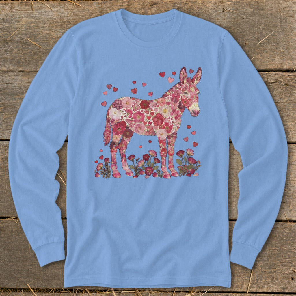 Light blue long-sleeve shirt with a donkey design made of flowers and hearts.