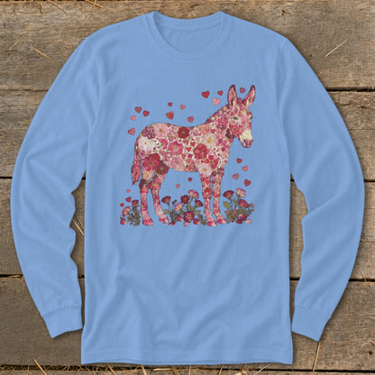 Light blue long-sleeve shirt with a donkey design made of flowers and hearts.